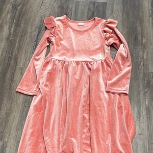 Girl's Velvet Ruffle Sleeve Dress - Dusty Coral
